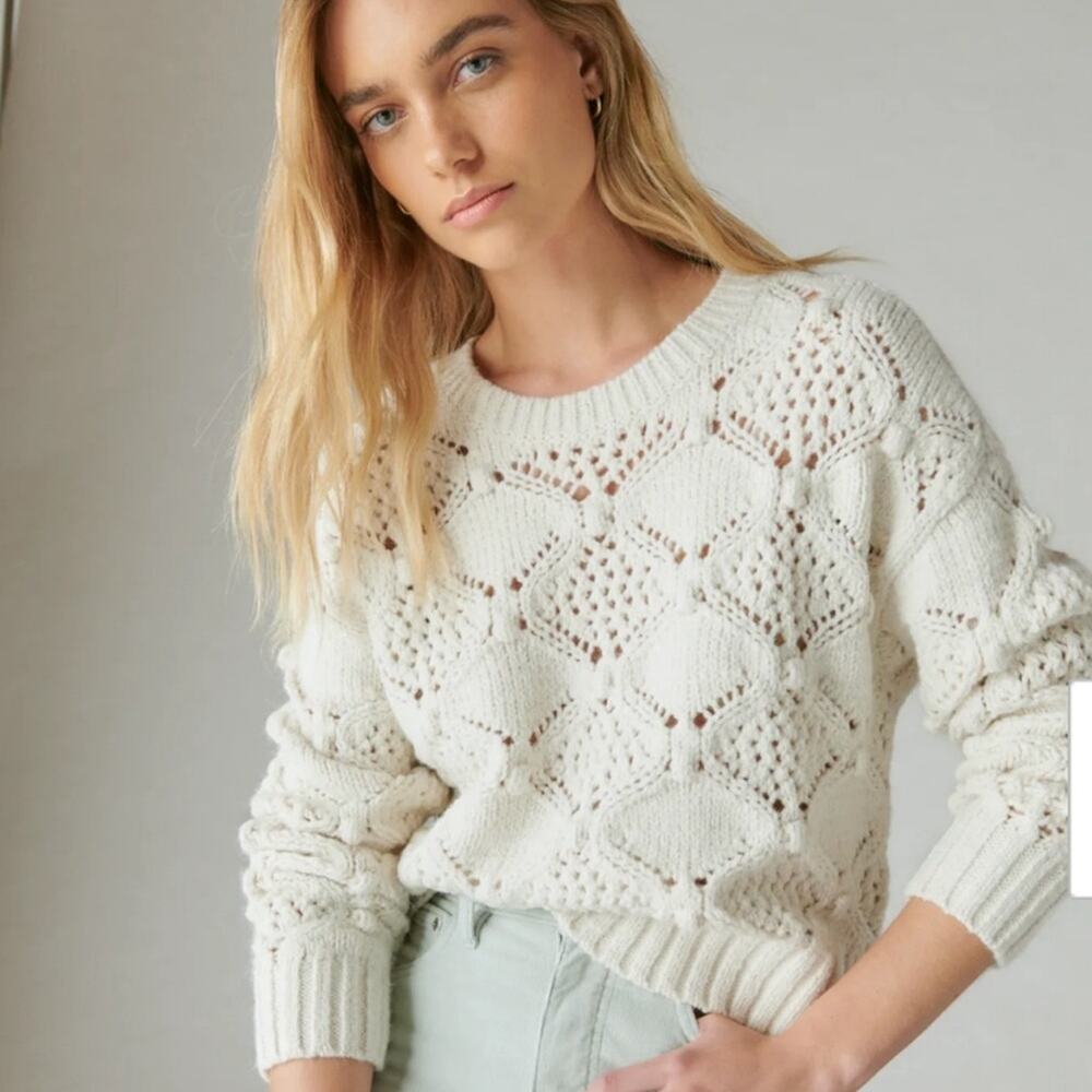 Lucky Brand Ivory Diamond Open Knit Bobble Chunky Crewneck Sweater White Sz XL - Picture 2 of 15